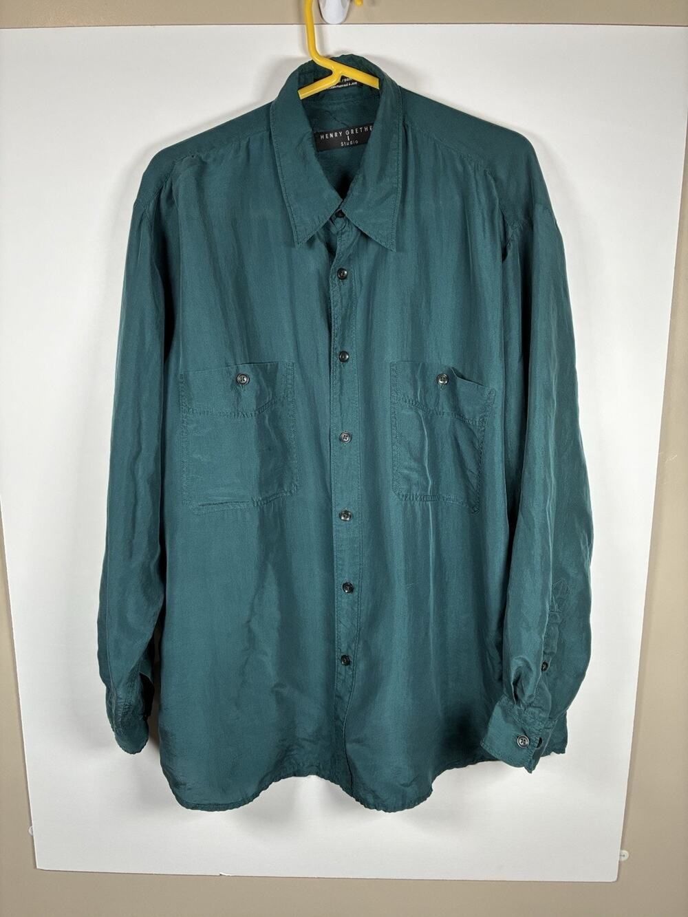 Henry Grethel Mens 16.5 32/33 100% Silk Button Down Shirt Teal Green Old Money